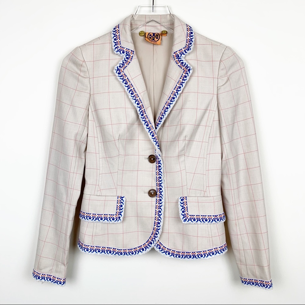 Tory Burch | Plaid Wool Blazer Embroidered Detail